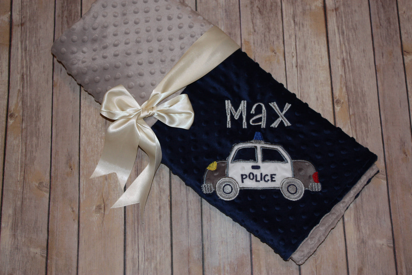 Police Car - Personalized Minky Baby Blanket - Navy Blue  / Gray Minky - Embroidered Police Car