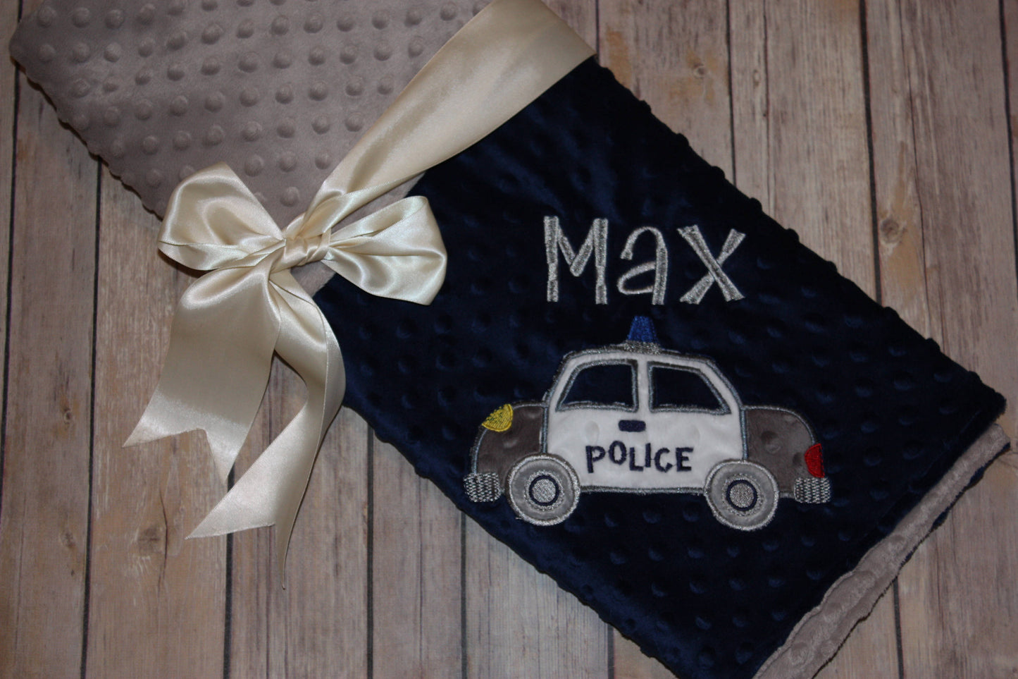 Police Car - Personalized Minky Baby Blanket - Navy Blue  / Gray Minky - Embroidered Police Car