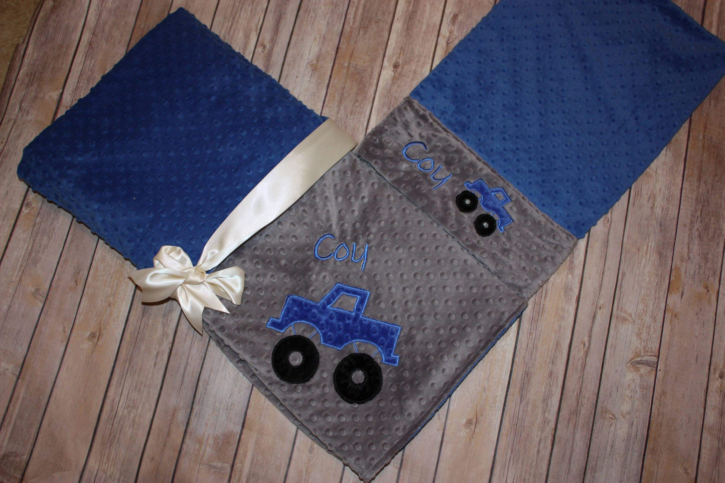 Monster Truck Nap Set - Personalized Minky Baby Blanket & Standard OR Toddler size Pillowcase with Embroidered Monster Truck