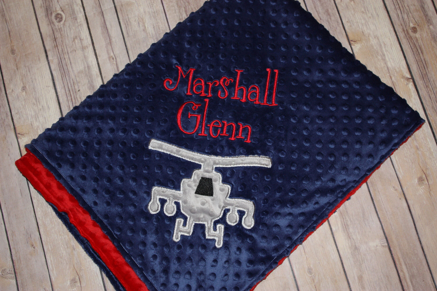 Apache Helicopter - Personalized Minky Baby Blanket - Navy / Red Minky - Embroidered Apache Helicopter