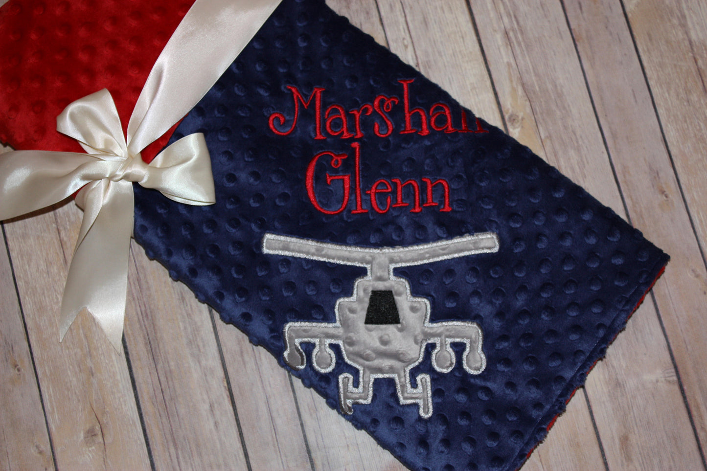 Apache Helicopter - Personalized Minky Baby Blanket - Navy / Red Minky - Embroidered Apache Helicopter