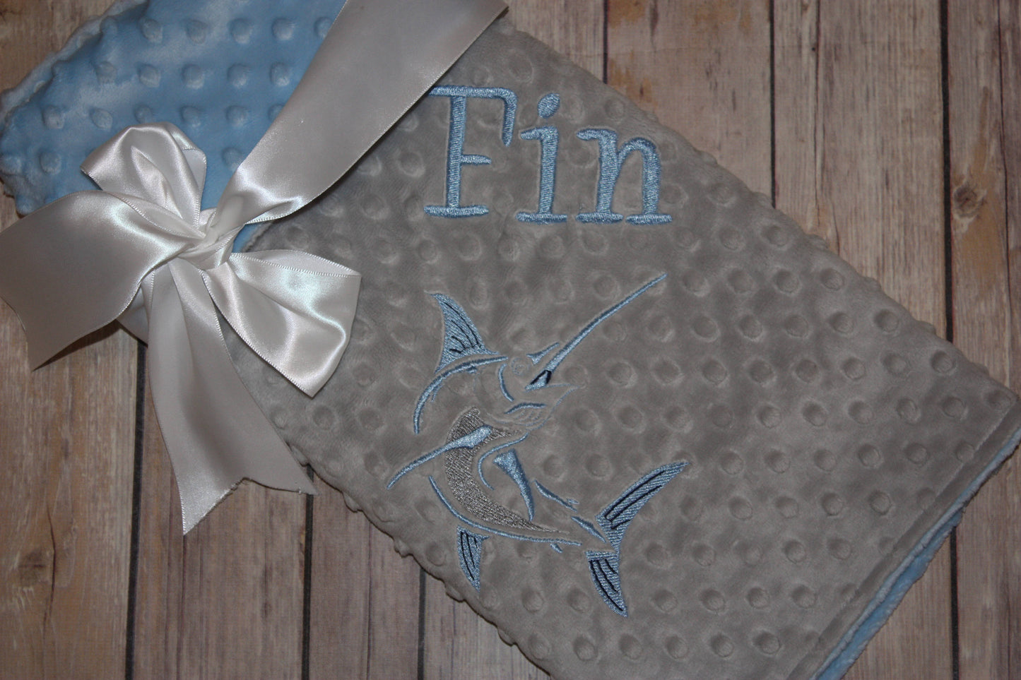 Fishing -Personalized Minky Baby Blanket -Silver Minky/ Baby Blue Minky - Embroidered Marlin Fish