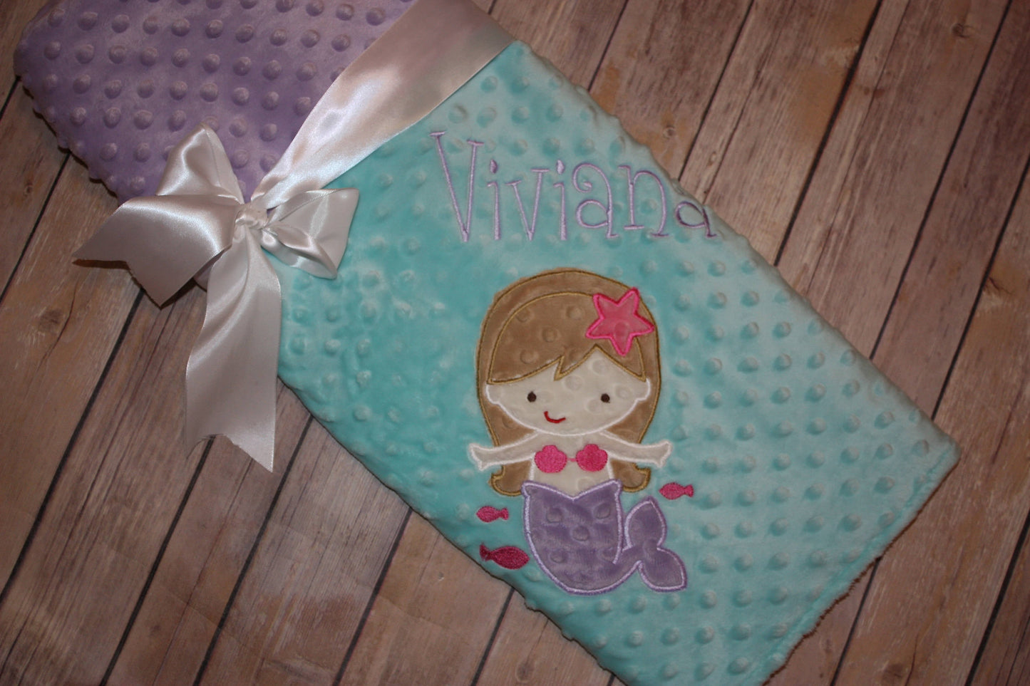 Mermaid- Personalized Minky Baby Blanket - Purple / Aqua  Minky - Embroidered Mermaid