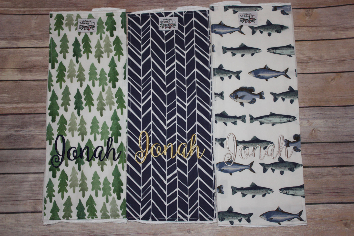 Set of 3 Personalized Burp Cloths - Forest, Fish & Navy Herringbone