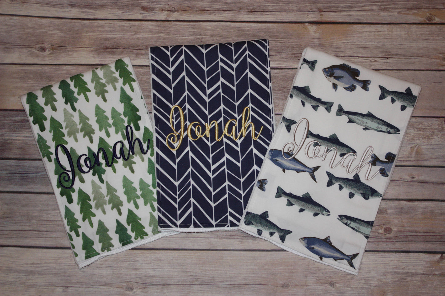 Set of 3 Personalized Burp Cloths - Forest, Fish & Navy Herringbone