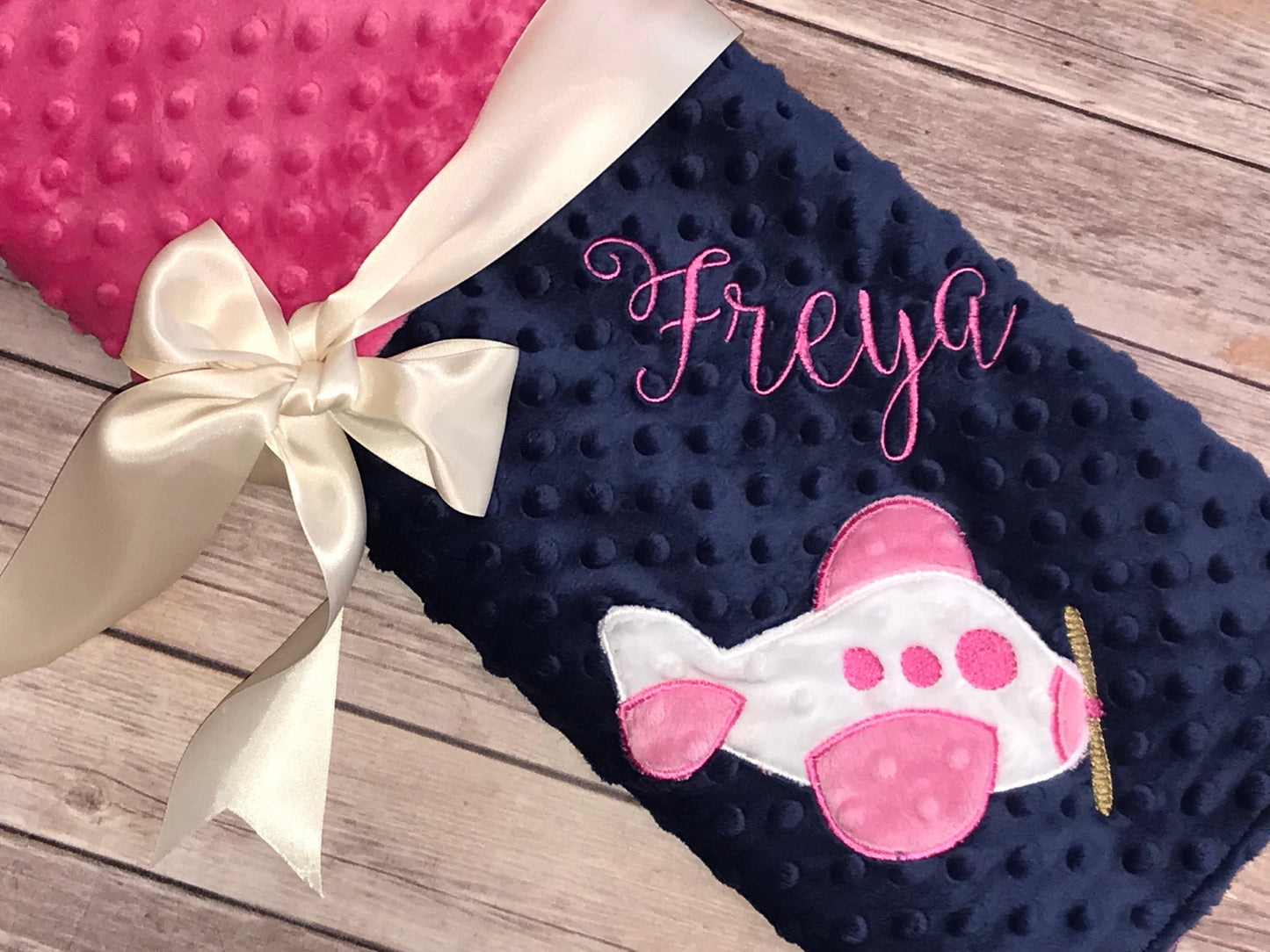 Airplane - Personalized Minky Blanket - Hot Pink / Navy  Minky - Embroidered Airplane