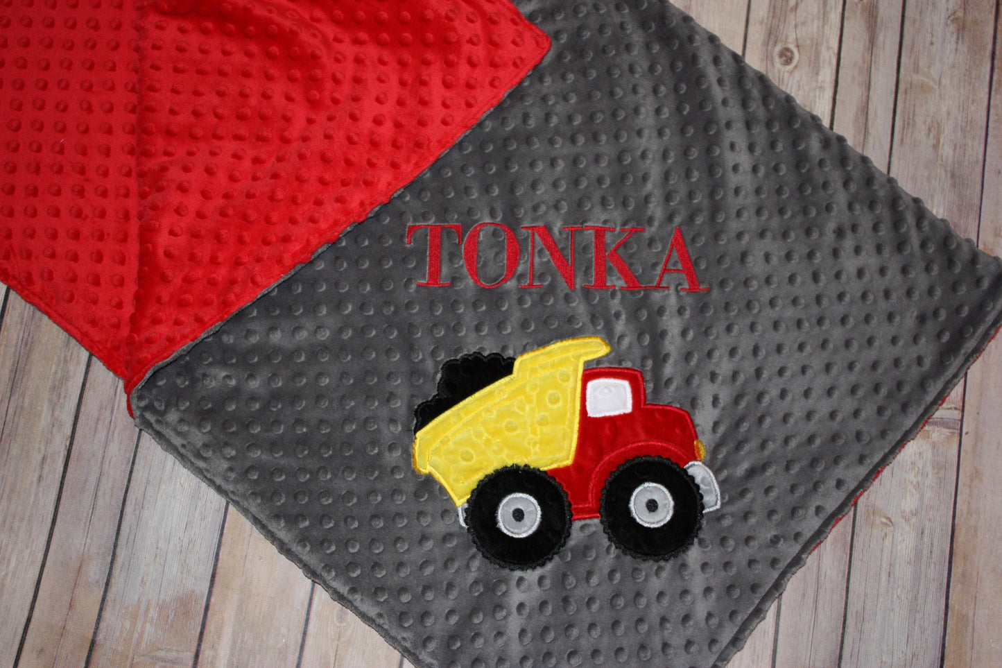 Dump Truck -Personalized Minky Baby Blanket - Red Minky/ Gray Minky - Embroidered Dump Truck