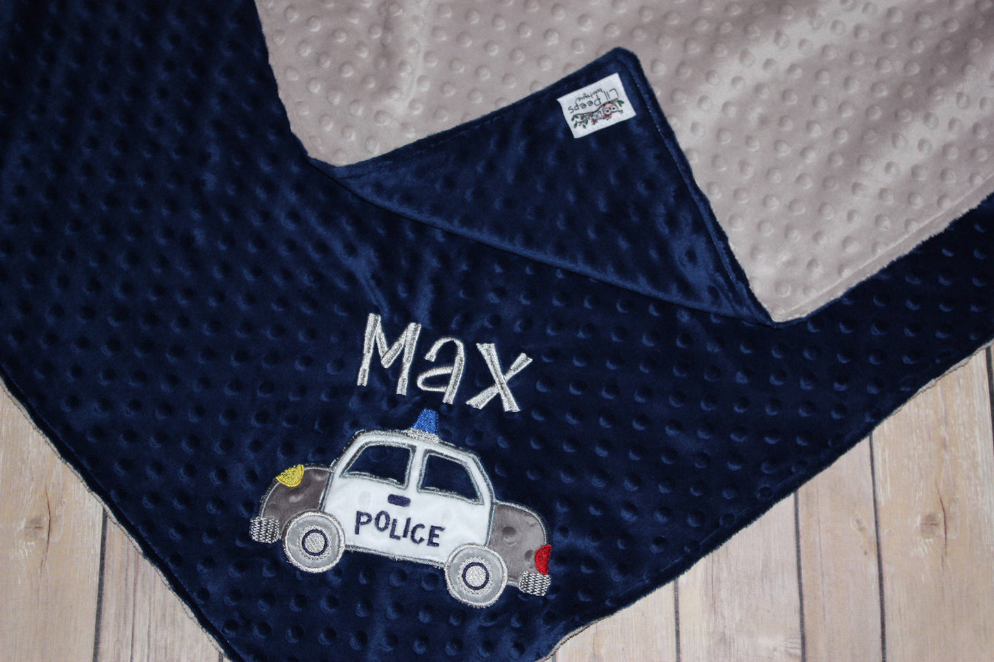 Police Car - Personalized Minky Baby Blanket - Navy Blue  / Gray Minky - Embroidered Police Car