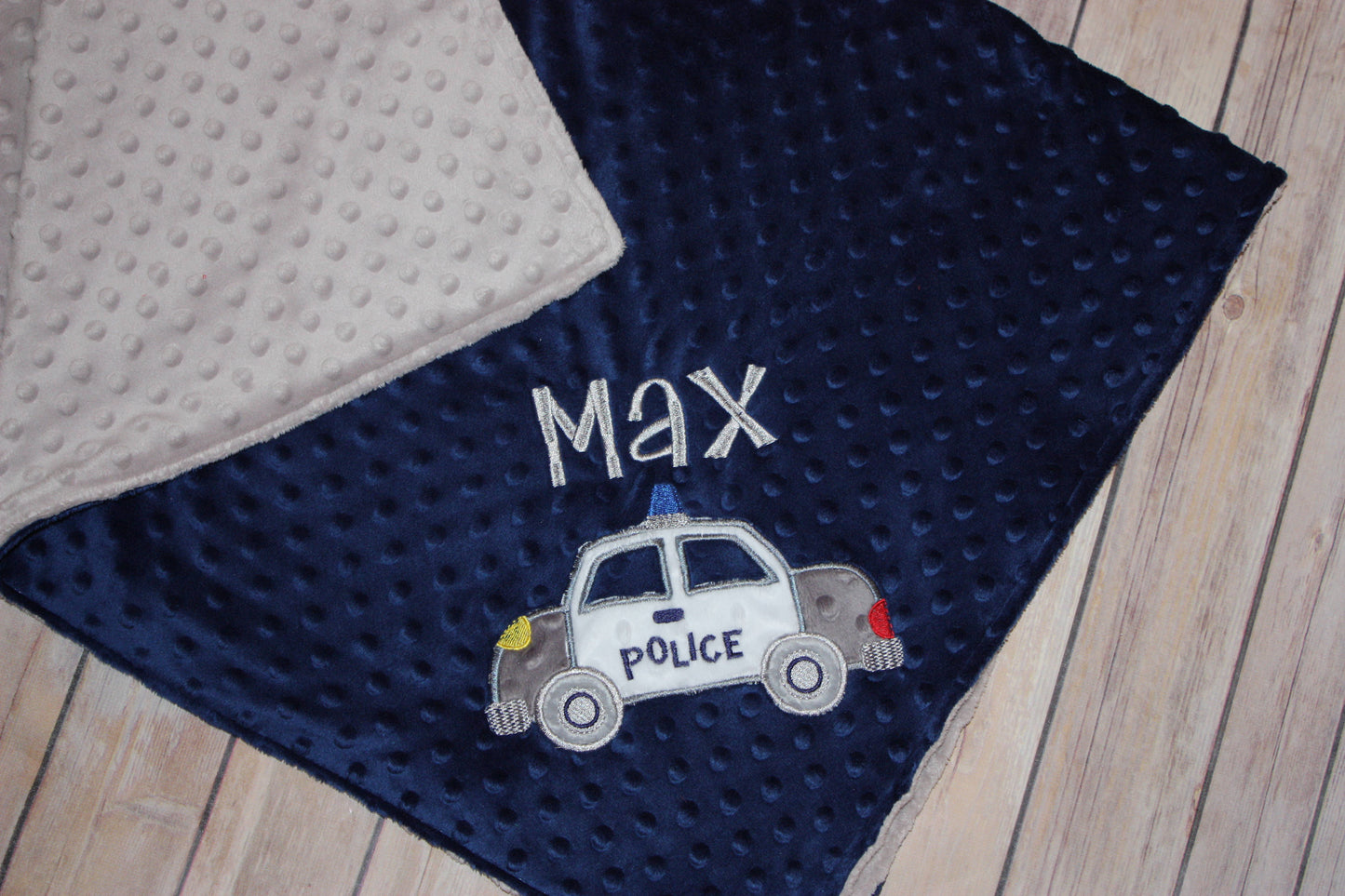 Police Car - Personalized Minky Baby Blanket - Navy Blue  / Gray Minky - Embroidered Police Car