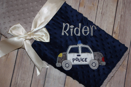 Police Car - Personalized Minky Baby Blanket - Navy Blue  / Gray Minky - Embroidered Police Car