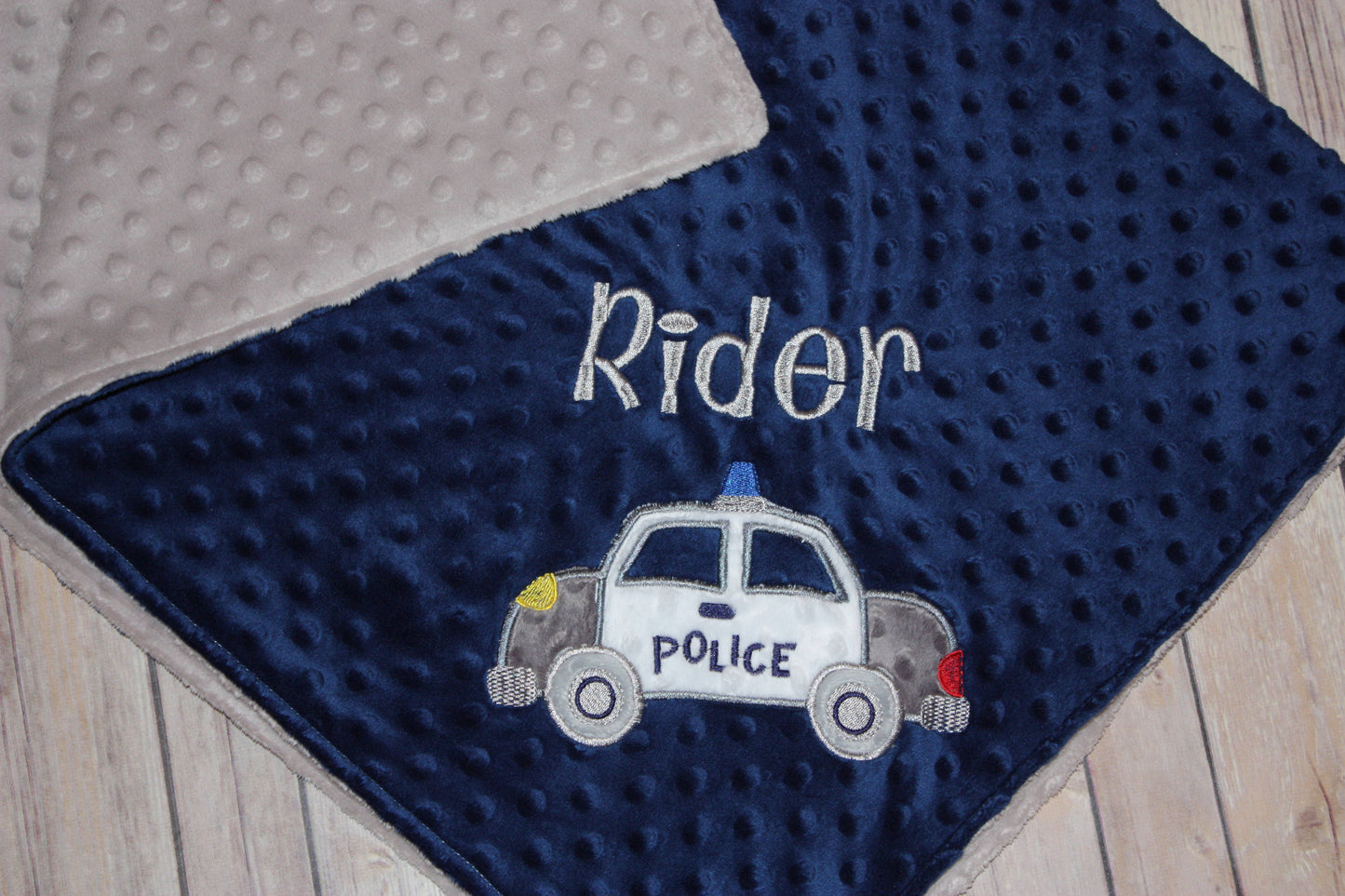 Police Car - Personalized Minky Baby Blanket - Navy Blue  / Gray Minky - Embroidered Police Car