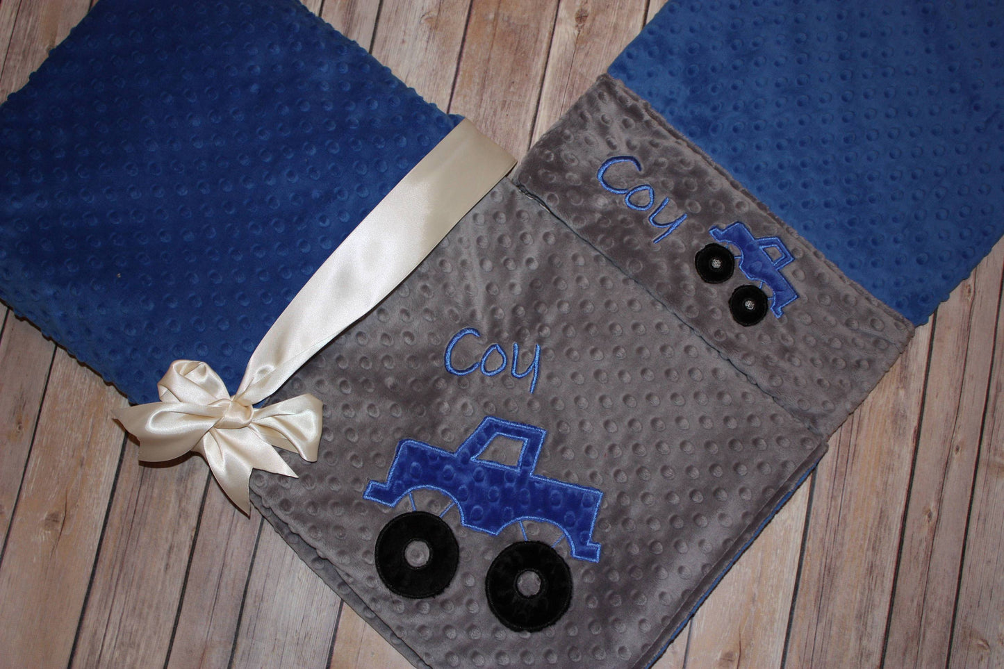 Monster Truck Nap Set - Personalized Minky Baby Blanket & Standard OR Toddler size Pillowcase with Embroidered Monster Truck