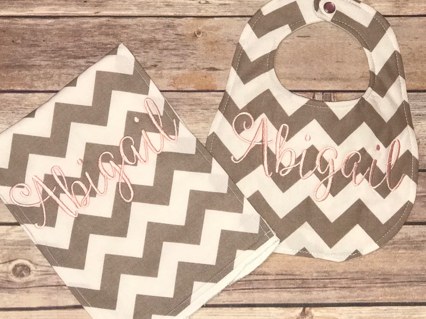 Personalized Grey Chevron Boutique Bib and Burp Cloth set