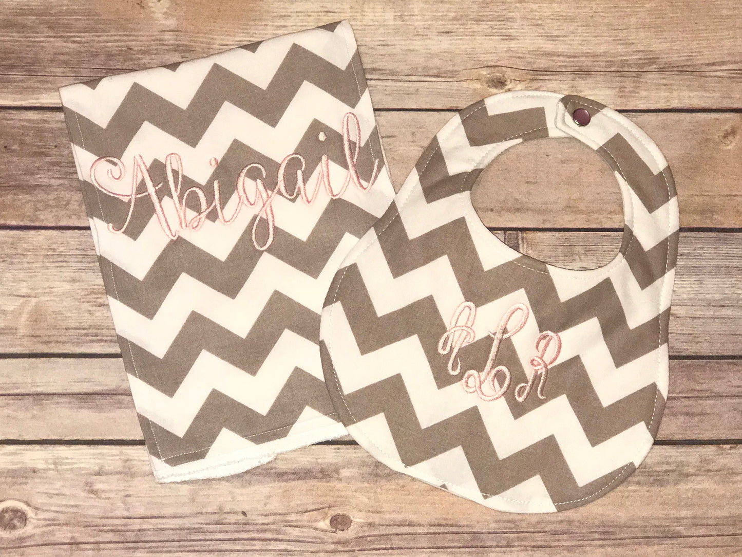 Personalized Grey Chevron Boutique Bib and Burp Cloth set