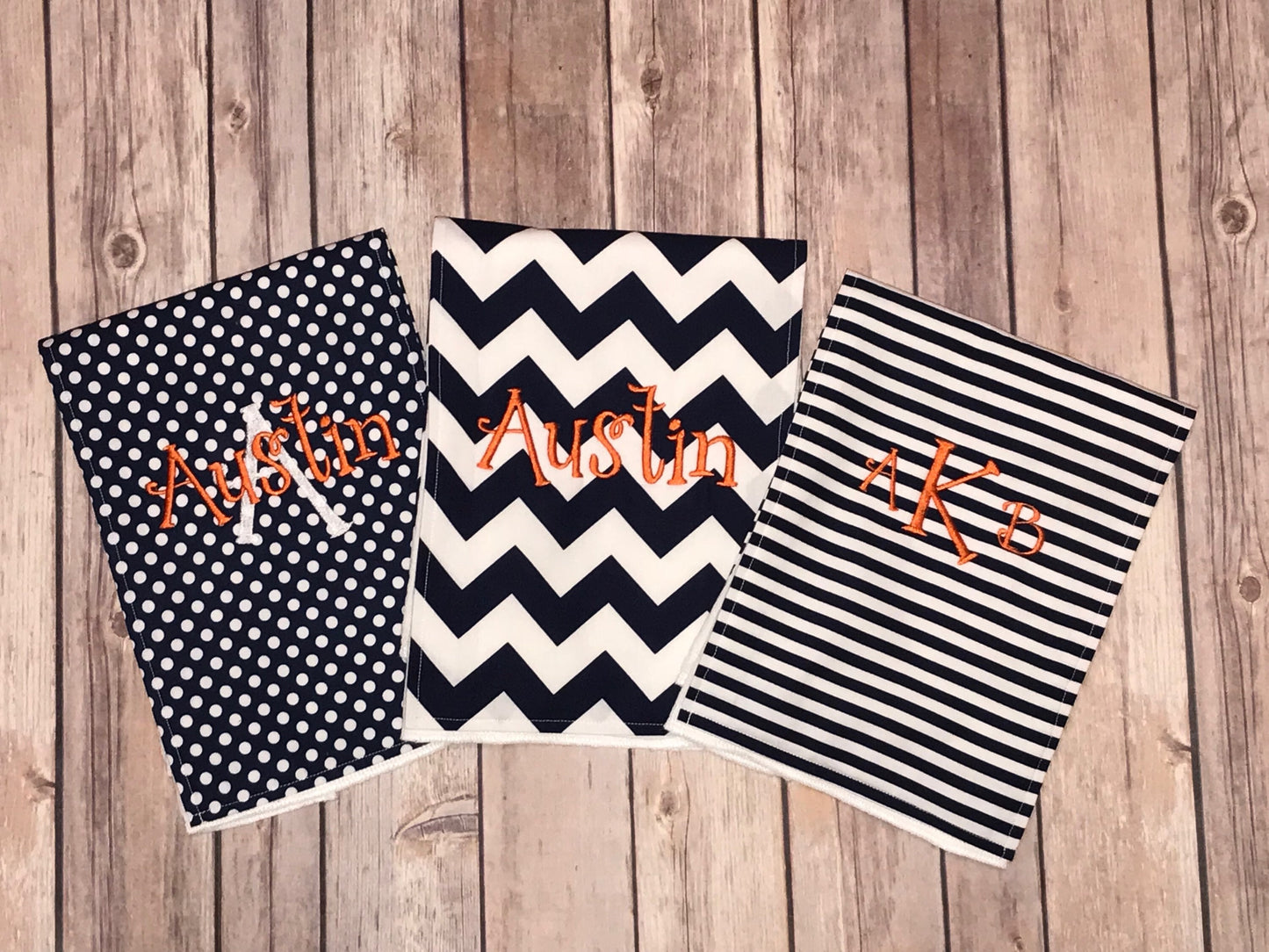 Personalized Burp Cloth Set of 3 - Navy Chevron, Navy & White Stripes and Navy Polka Dots