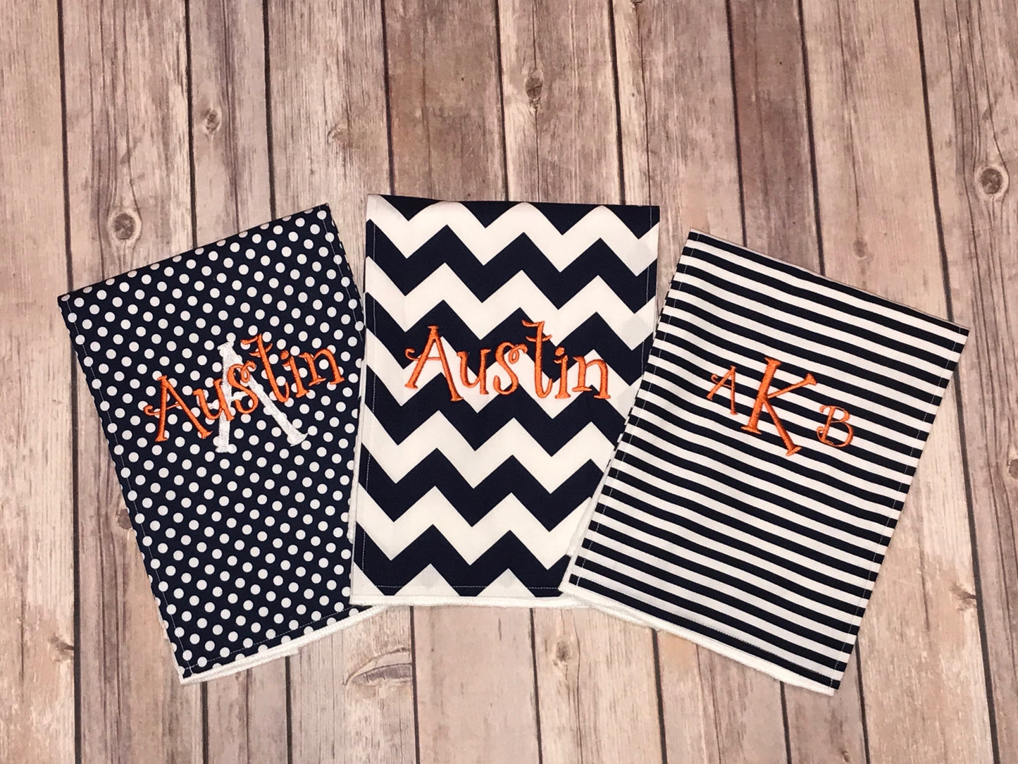 Personalized Burp Cloth Set of 3 - Navy Chevron, Navy & White Stripes and Navy Polka Dots