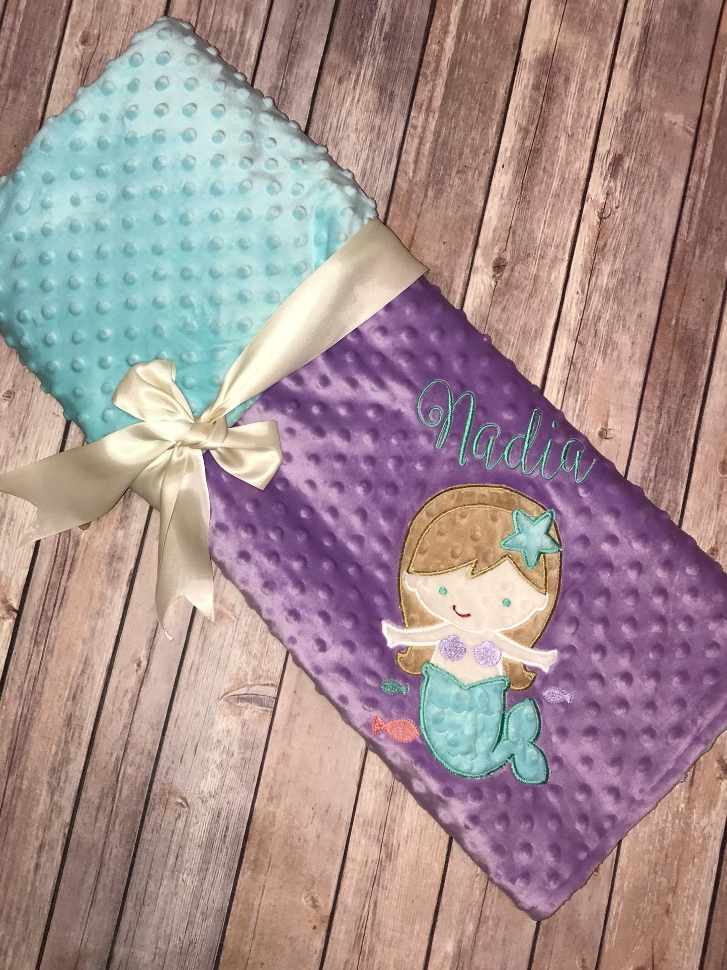 Mermaid- Personalized Minky Baby Blanket - Purple / Aqua  Minky - Embroidered Mermaid