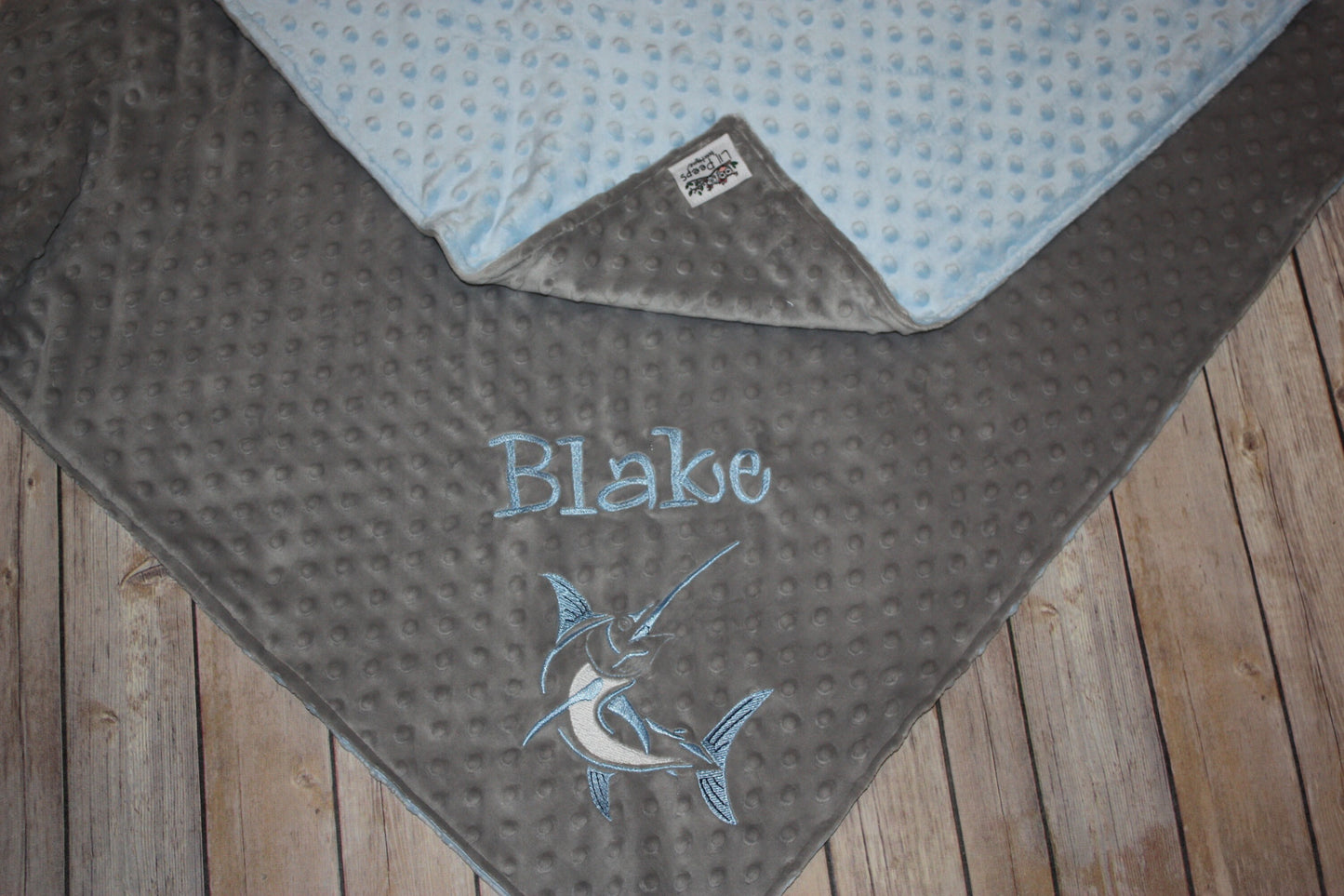 Fishing -Personalized Minky Baby Blanket -Silver Minky/ Baby Blue Minky - Embroidered Marlin Fish