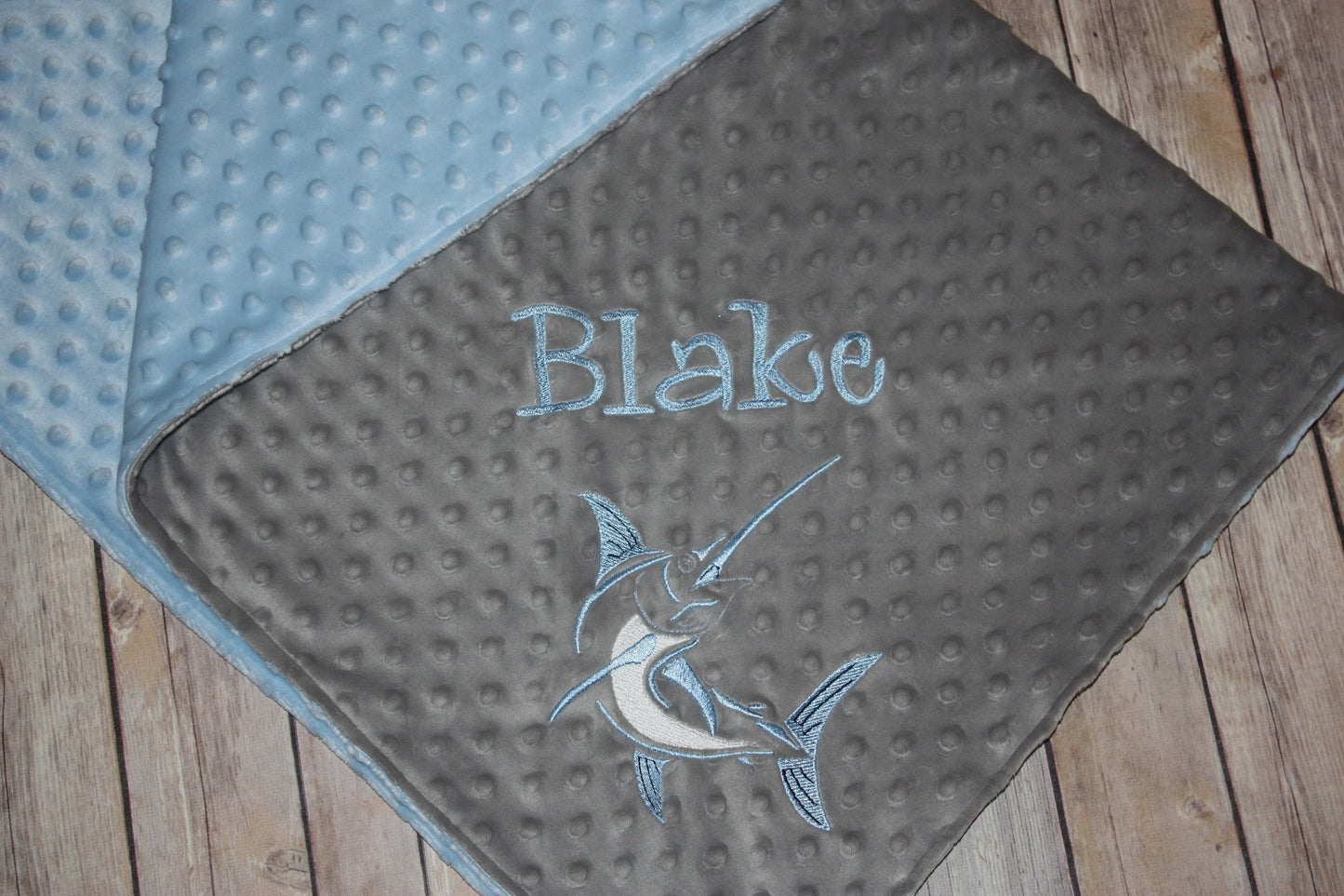 Fishing -Personalized Minky Baby Blanket -Silver Minky/ Baby Blue Minky - Embroidered Marlin Fish