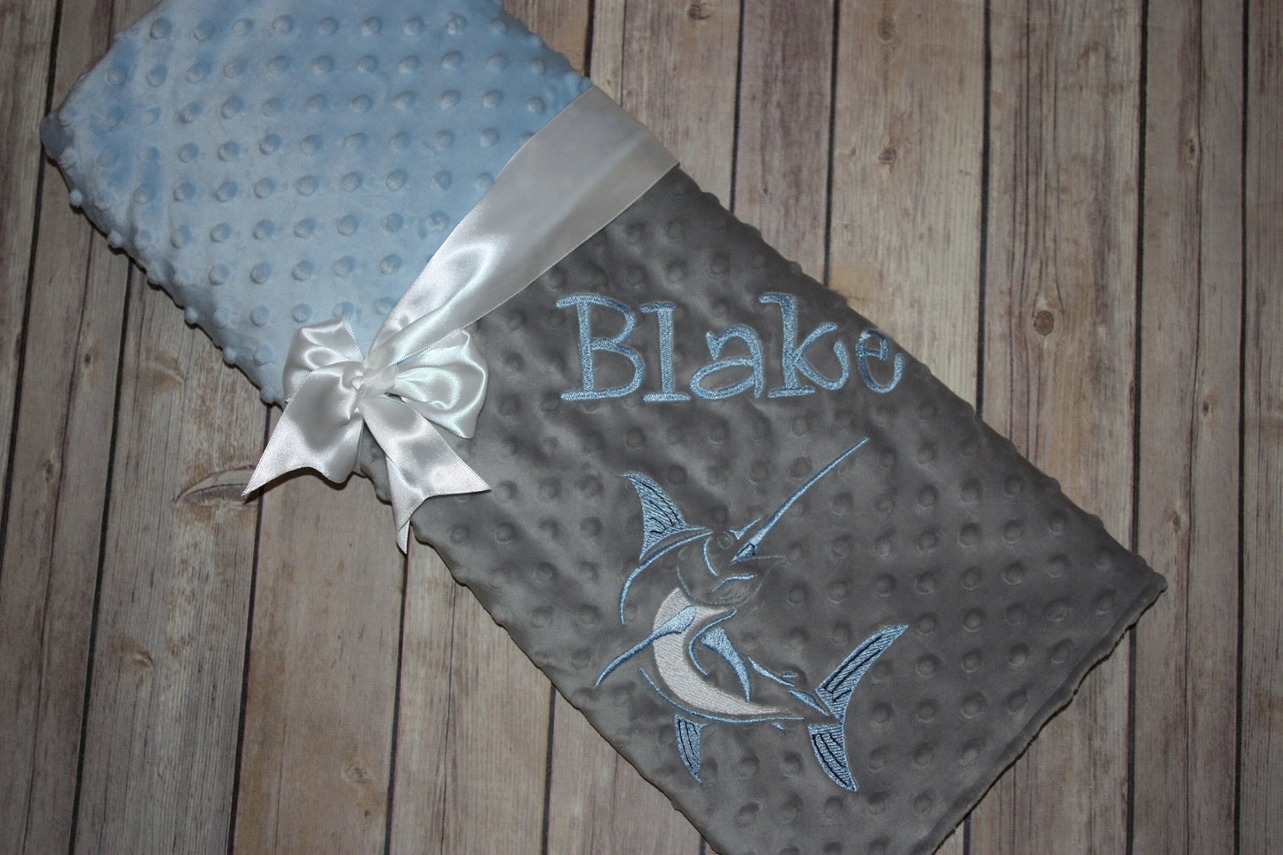 Fishing -Personalized Minky Baby Blanket -Silver Minky/ Baby Blue Minky - Embroidered Marlin Fish