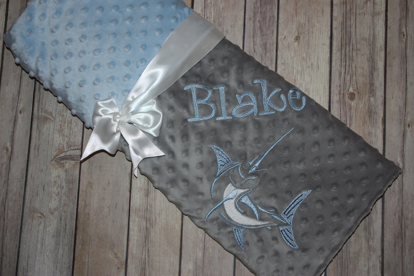 Fishing -Personalized Minky Baby Blanket -Silver Minky/ Baby Blue Minky - Embroidered Marlin Fish