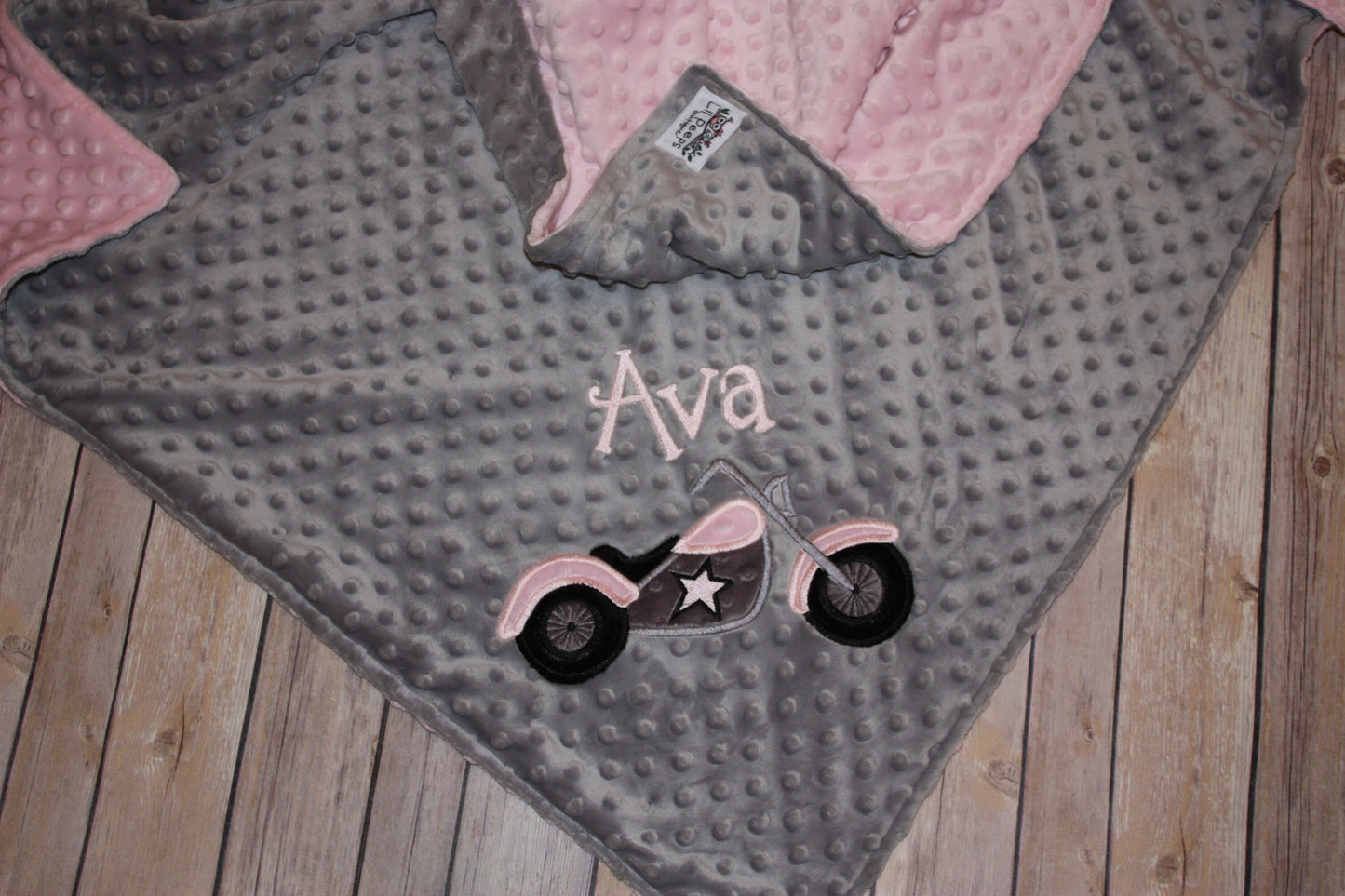 Motorcycle- Personalized Minky Baby Blanket - Gray / pink Minky - Embroidered Motorcycle