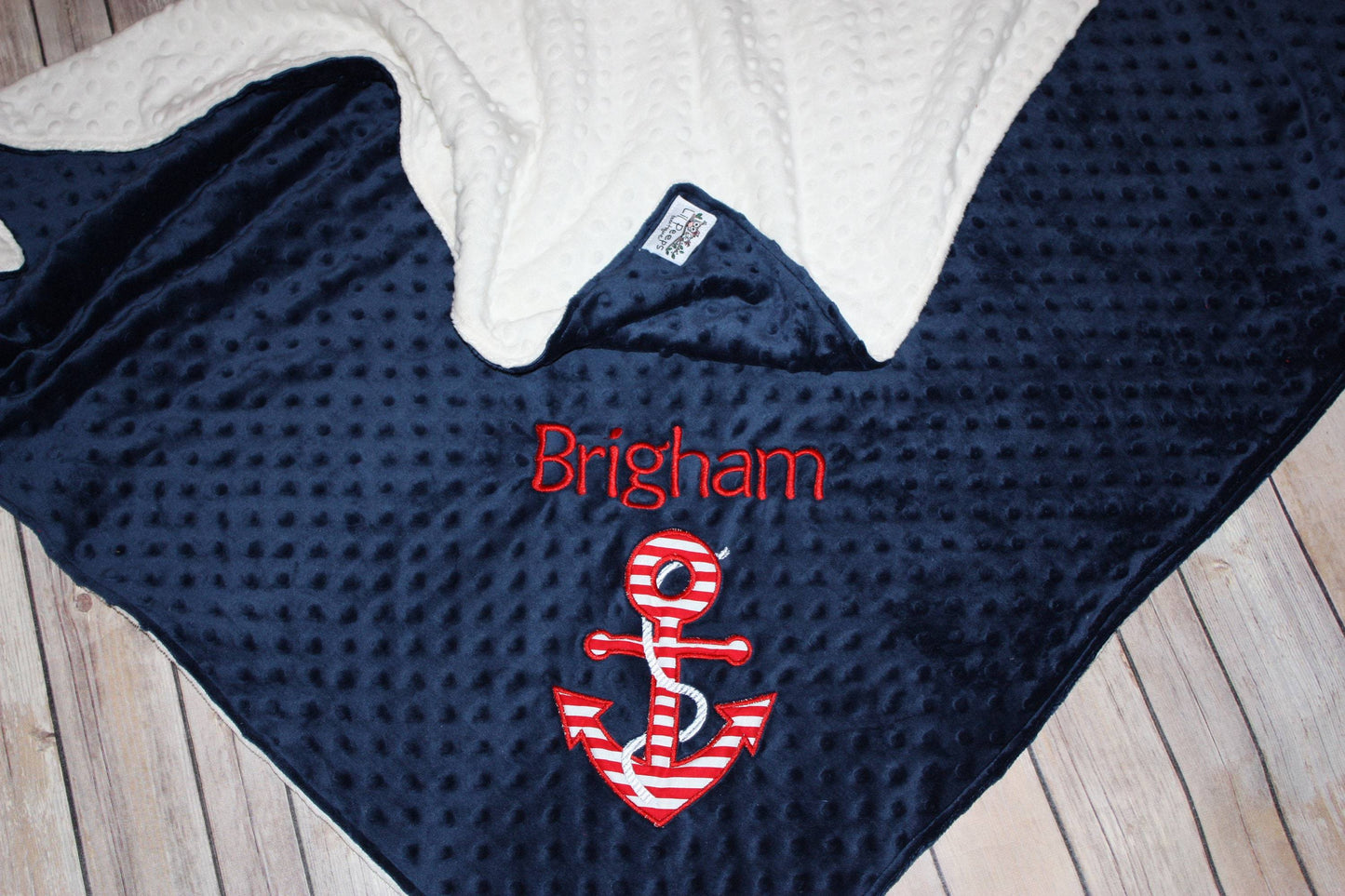 Anchor - Personalized Minky Baby Blanket - White / Navy  Minky - Embroidered Anchor