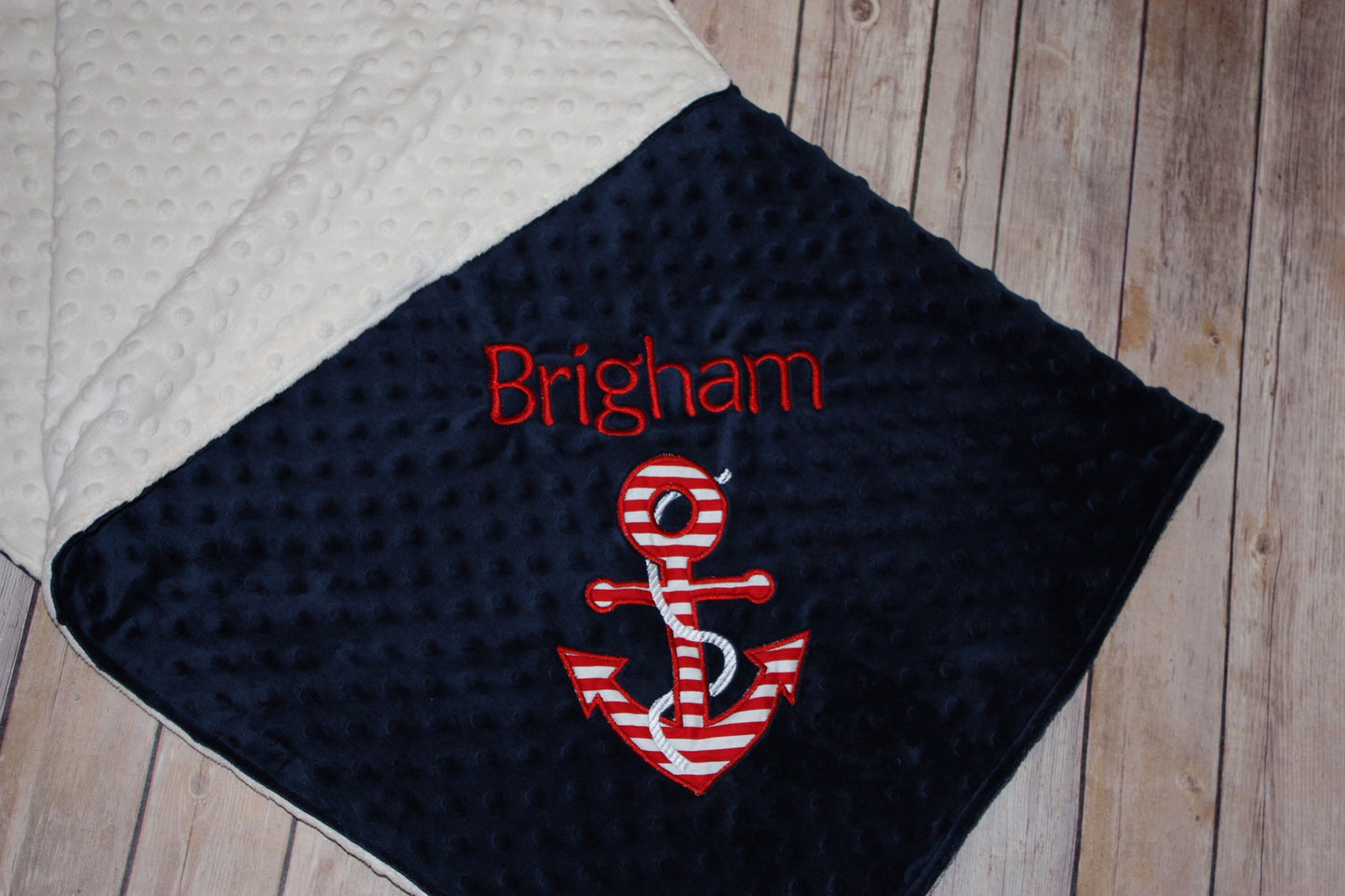 Anchor - Personalized Minky Baby Blanket - White / Navy  Minky - Embroidered Anchor