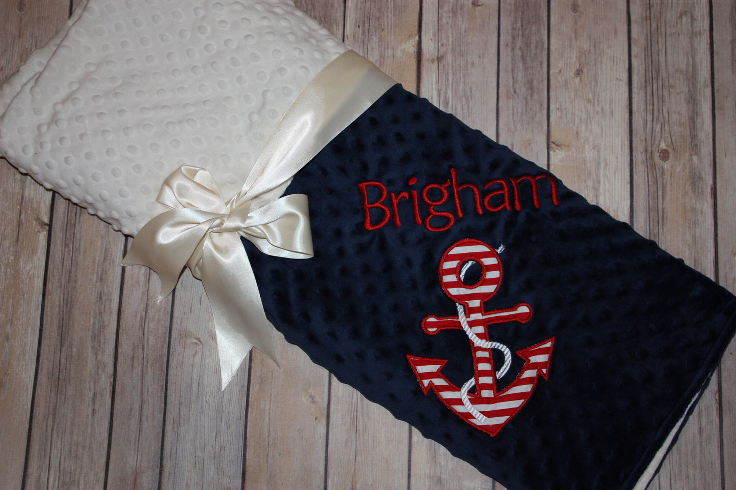 Anchor - Personalized Minky Baby Blanket - White / Navy  Minky - Embroidered Anchor