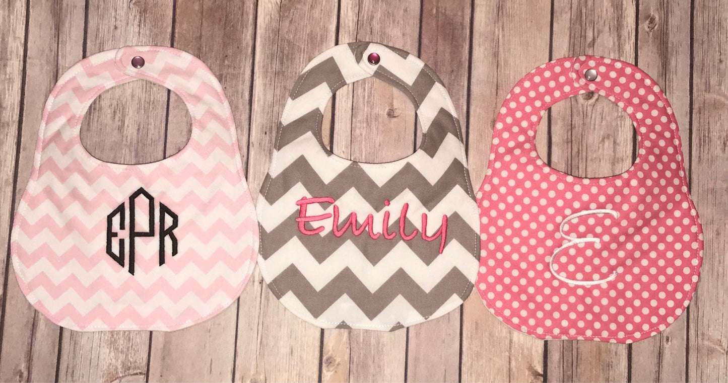 Set of 3- Personalized Bib Set - Pink and Grey - Chevron and Polka Dots