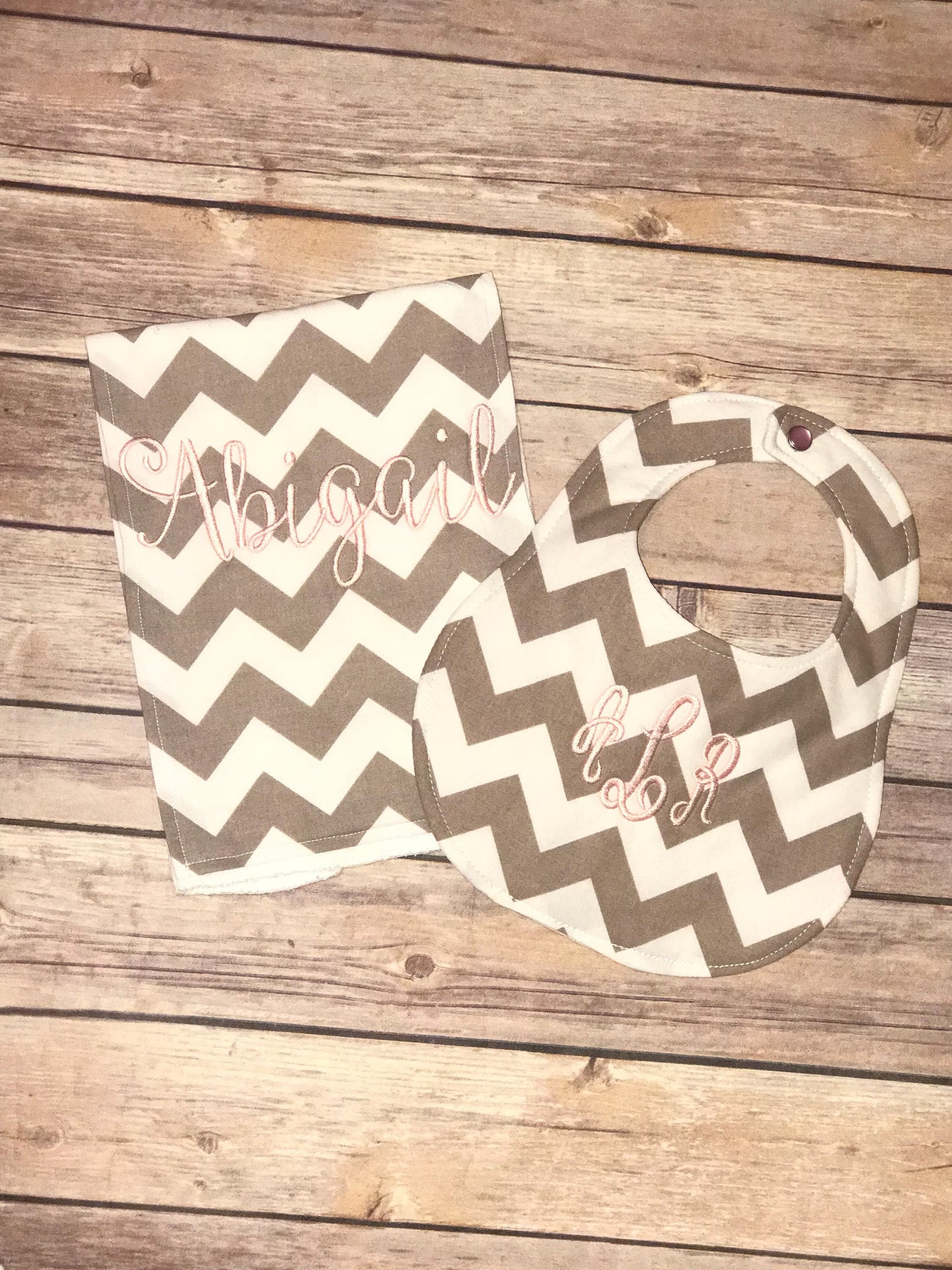 Personalized Grey Chevron Boutique Bib and Burp Cloth set