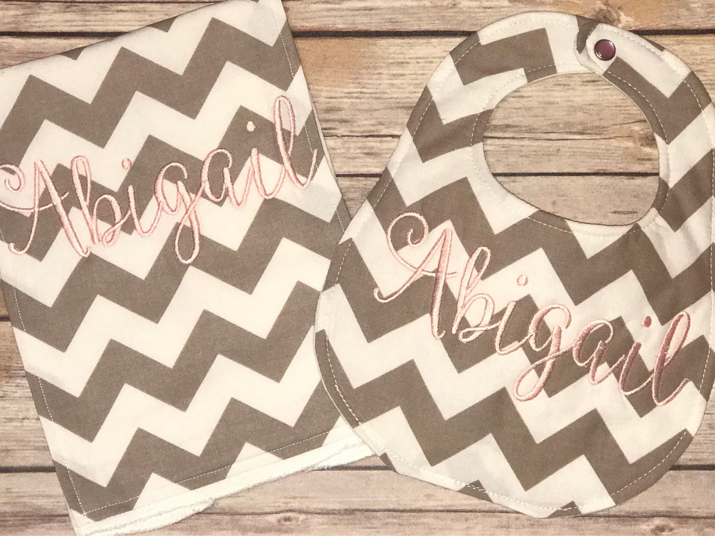 Personalized Grey Chevron Boutique Bib and Burp Cloth set