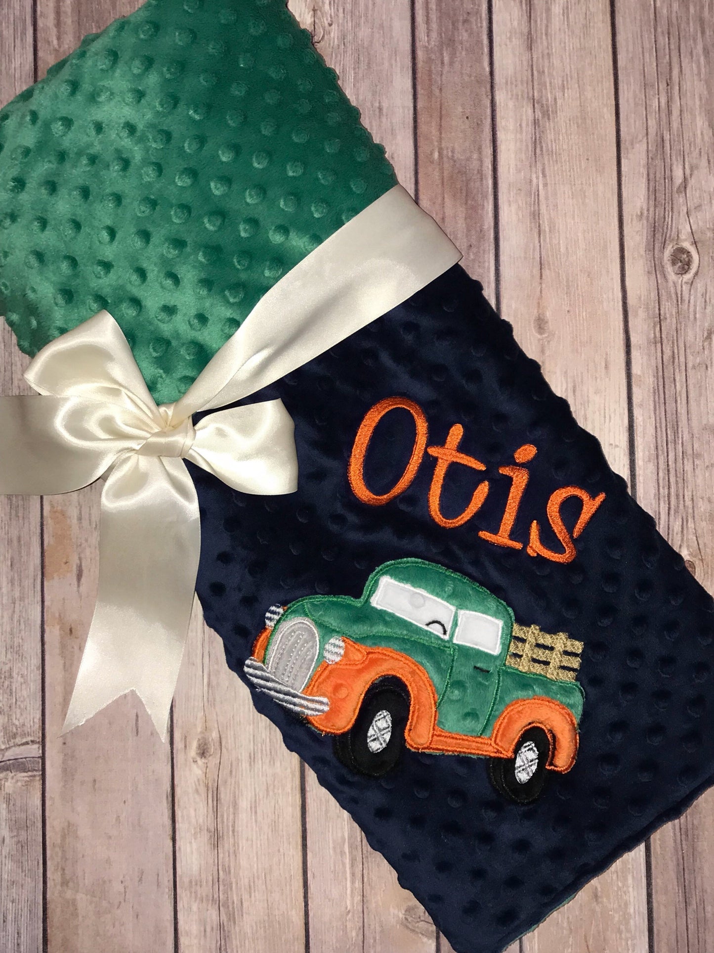 Antique Truck -Personalized Minky Baby Blanket - Green and orange Minky - Embroidered Antique Truck