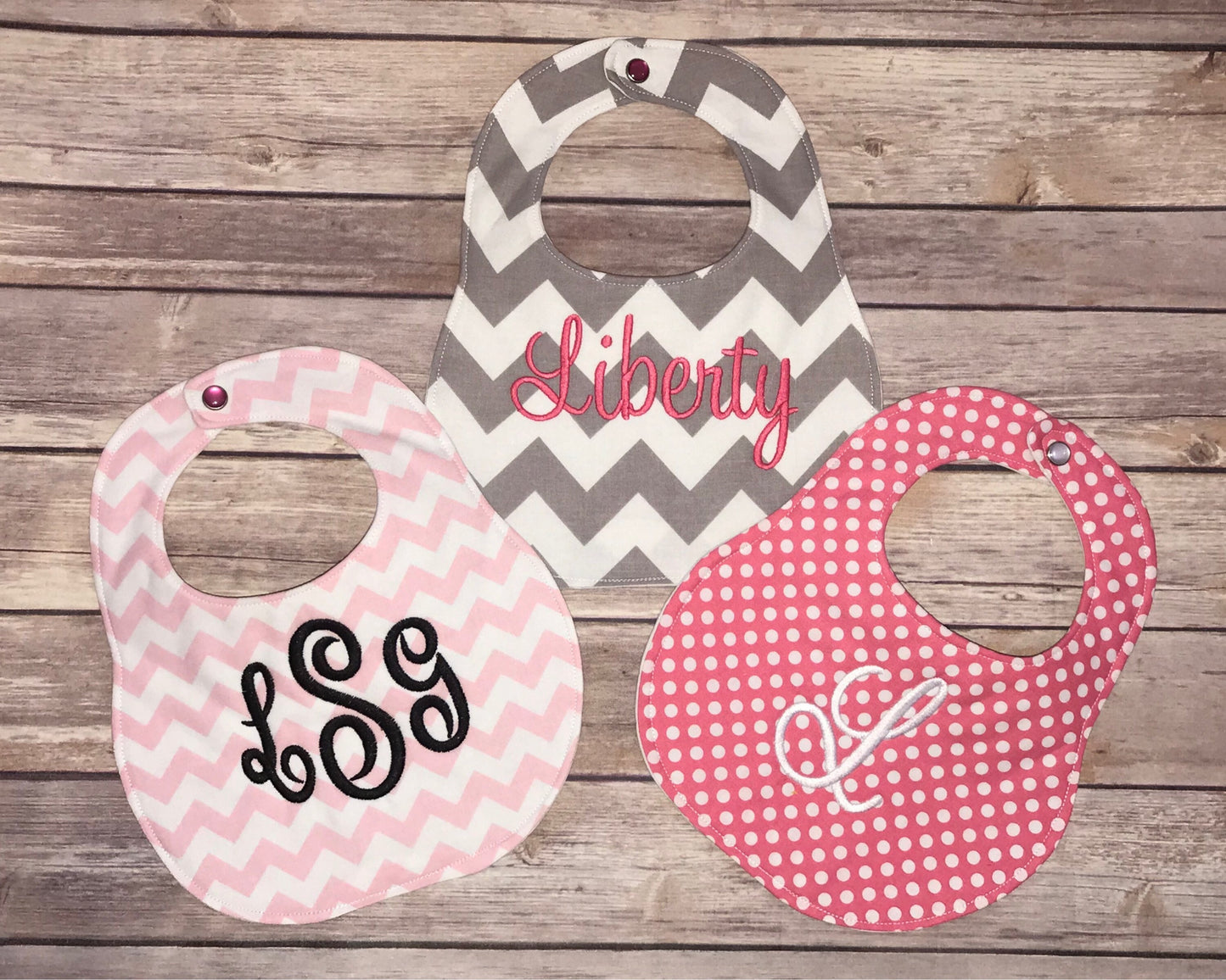 Set of 3- Personalized Bib Set - Pink and Grey - Chevron and Polka Dots