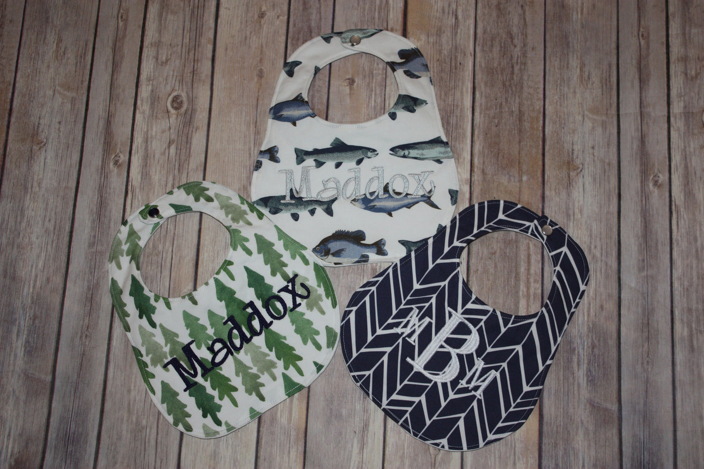 Set of 3 -Personalized Bib Set - Perfect Boy Collection - Fish, Trees, Herringbone