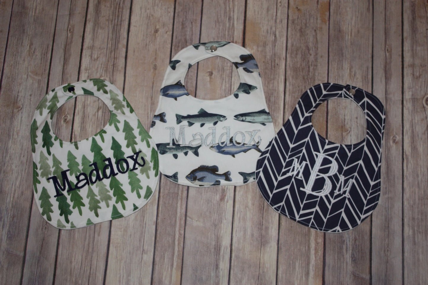 Set of 3 -Personalized Bib Set - Perfect Boy Collection - Fish, Trees, Herringbone