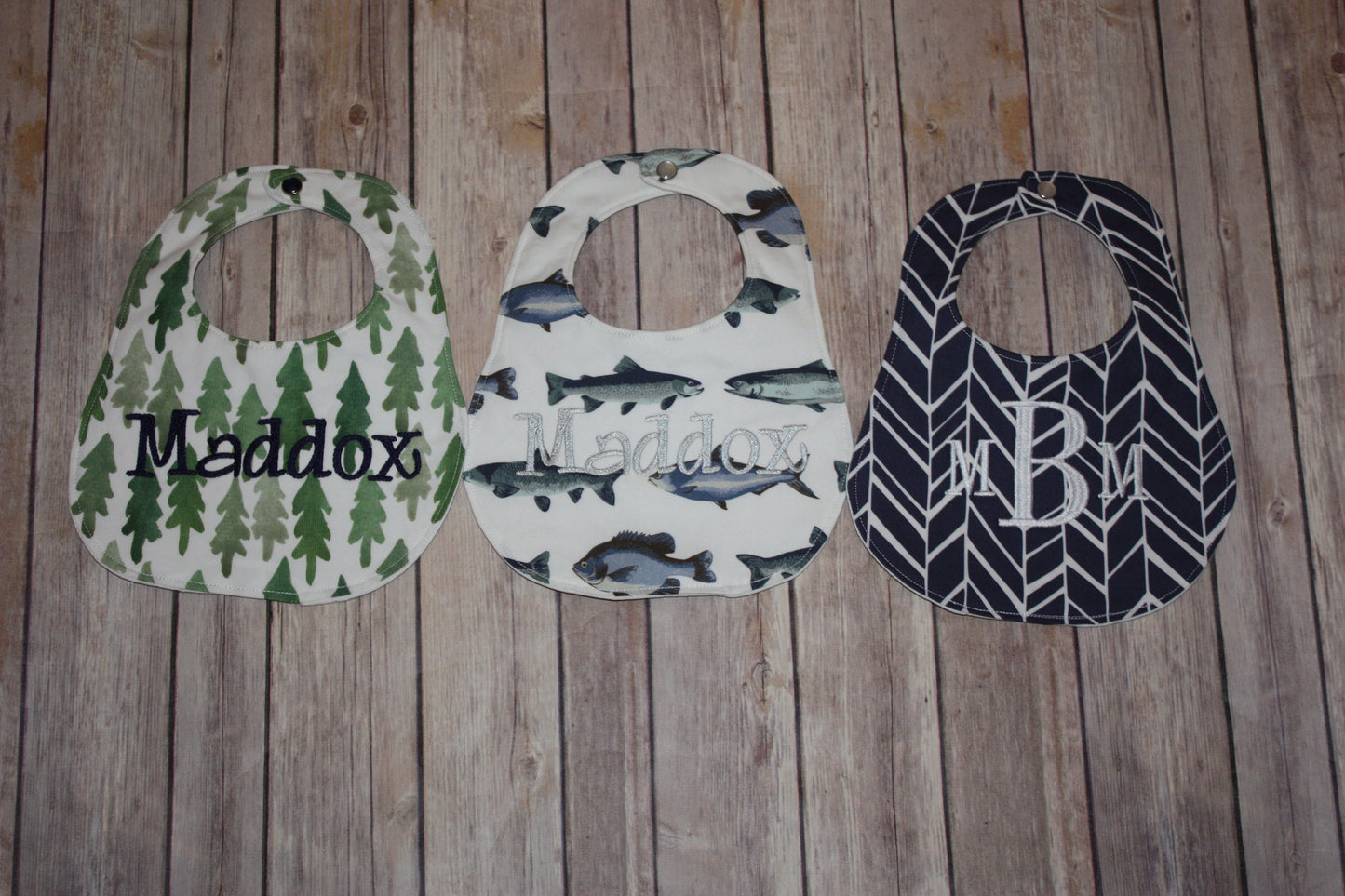 Set of 3 -Personalized Bib Set - Perfect Boy Collection - Fish, Trees, Herringbone