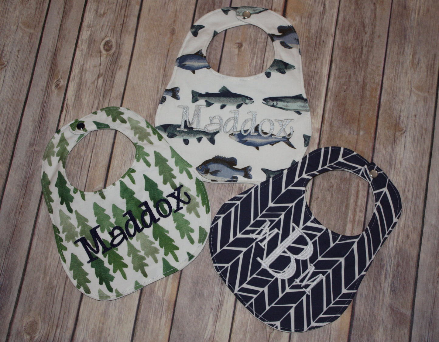 Set of 3 -Personalized Bib Set - Perfect Boy Collection - Fish, Trees, Herringbone