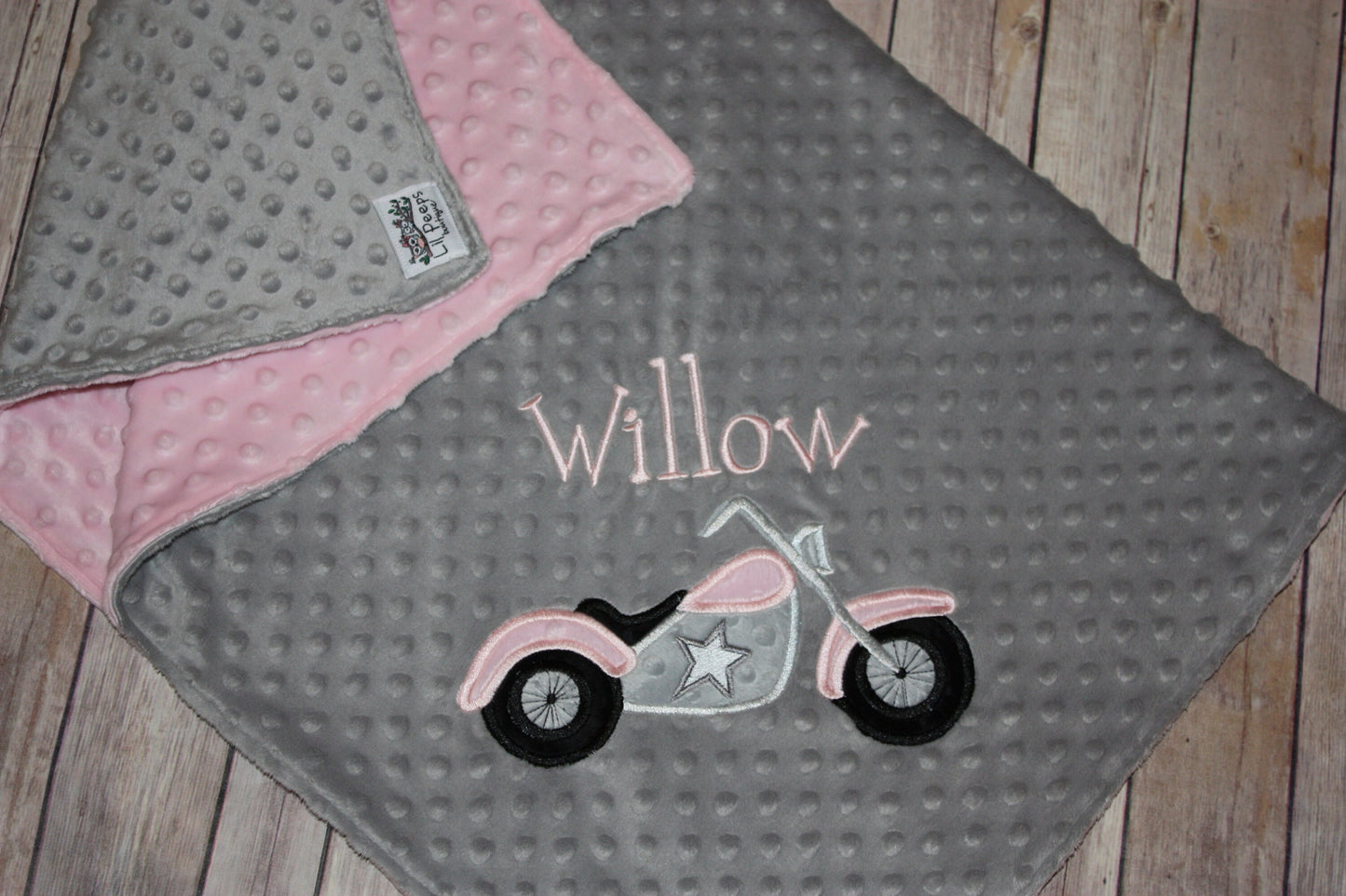 Motorcycle- Personalized Minky Baby Blanket - Gray / pink Minky - Embroidered Motorcycle