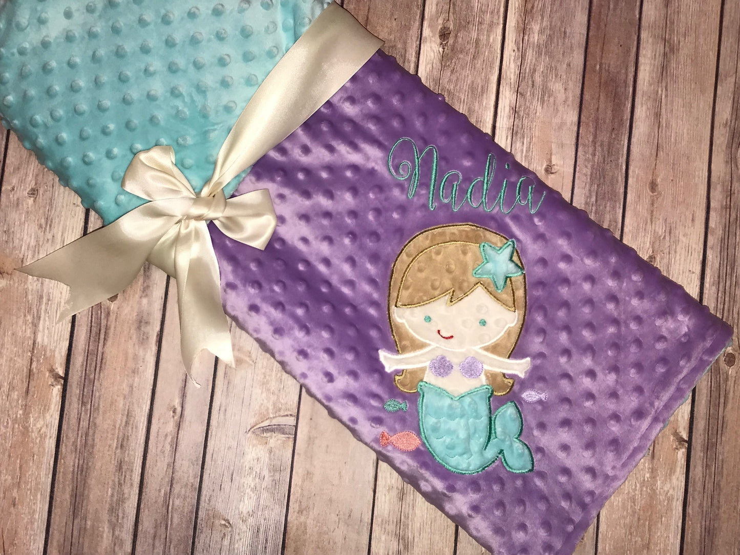 Mermaid- Personalized Minky Baby Blanket - Purple / Aqua  Minky - Embroidered Mermaid