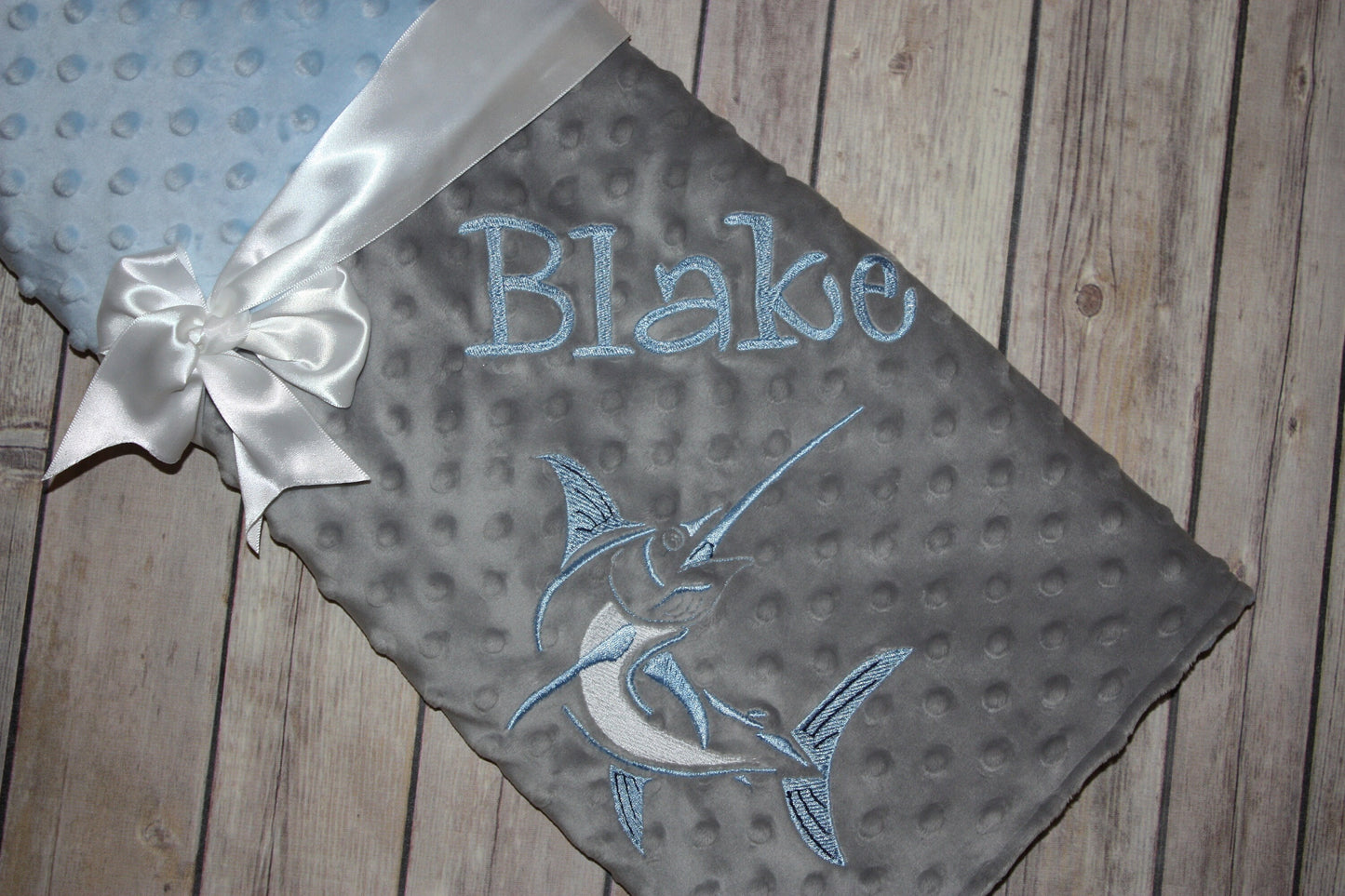 Fishing -Personalized Minky Baby Blanket -Silver Minky/ Baby Blue Minky - Embroidered Marlin Fish