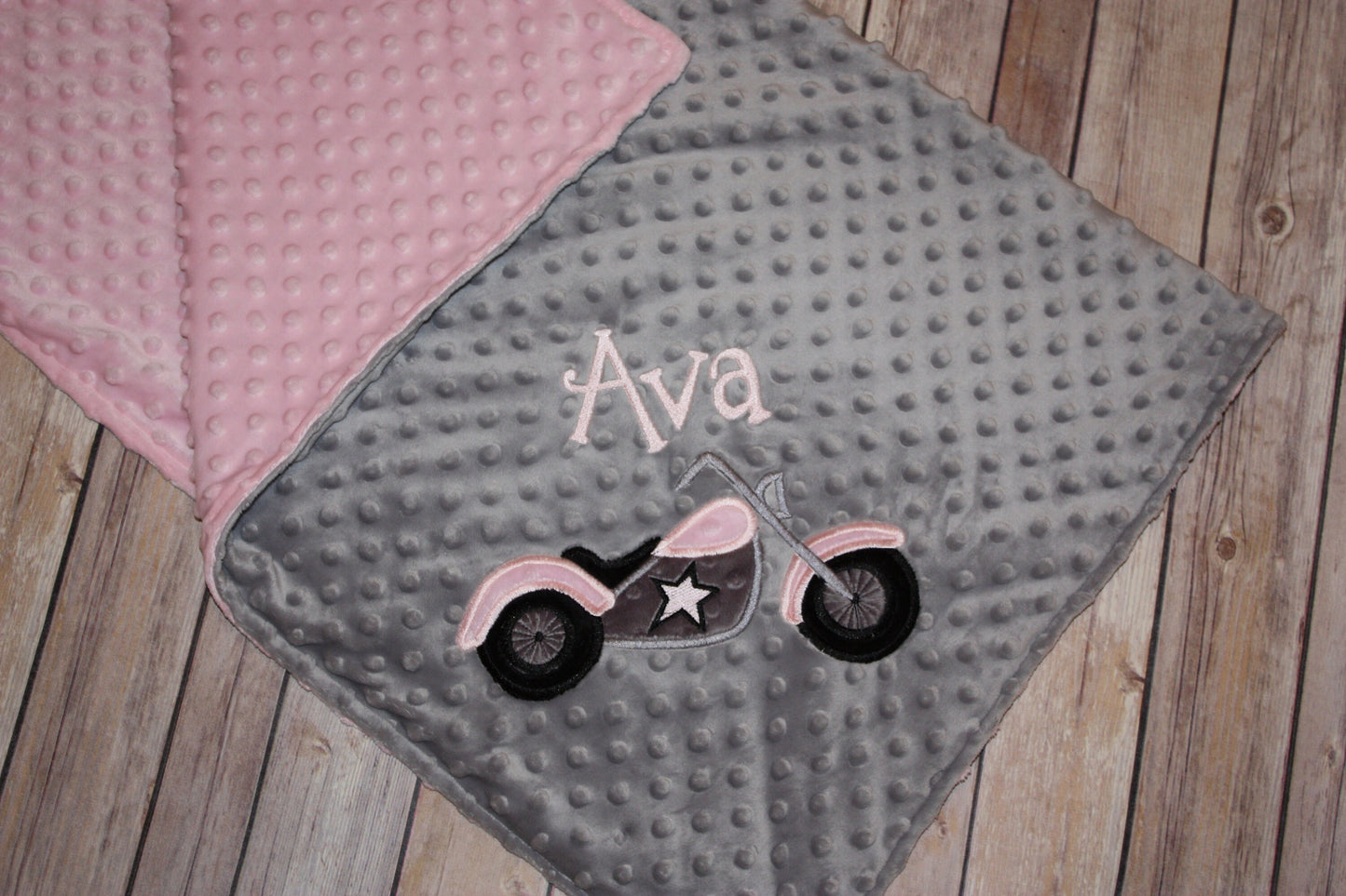 Motorcycle- Personalized Minky Baby Blanket - Gray / pink Minky - Embroidered Motorcycle