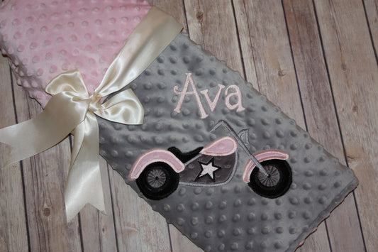 Motorcycle- Personalized Minky Baby Blanket - Gray / pink Minky - Embroidered Motorcycle