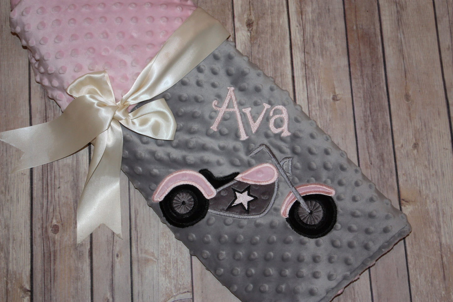 Motorcycle- Personalized Minky Baby Blanket - Gray / pink Minky - Embroidered Motorcycle