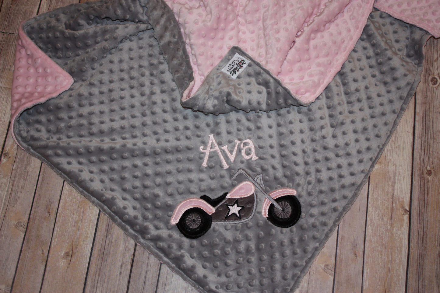 Motorcycle- Personalized Minky Baby Blanket - Gray / pink Minky - Embroidered Motorcycle