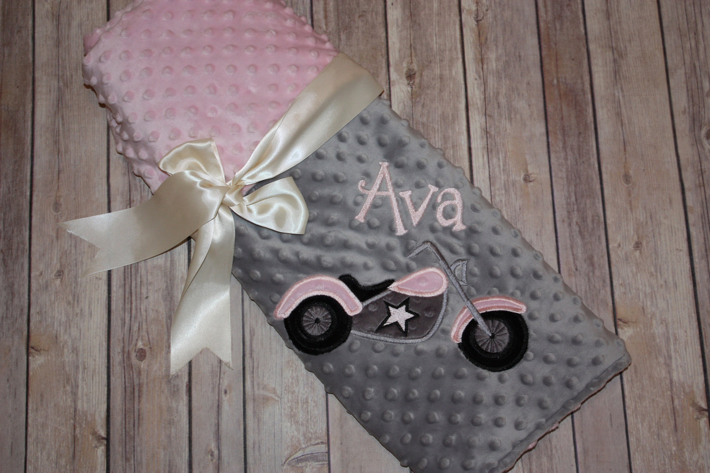 Motorcycle- Personalized Minky Baby Blanket - Gray / pink Minky - Embroidered Motorcycle