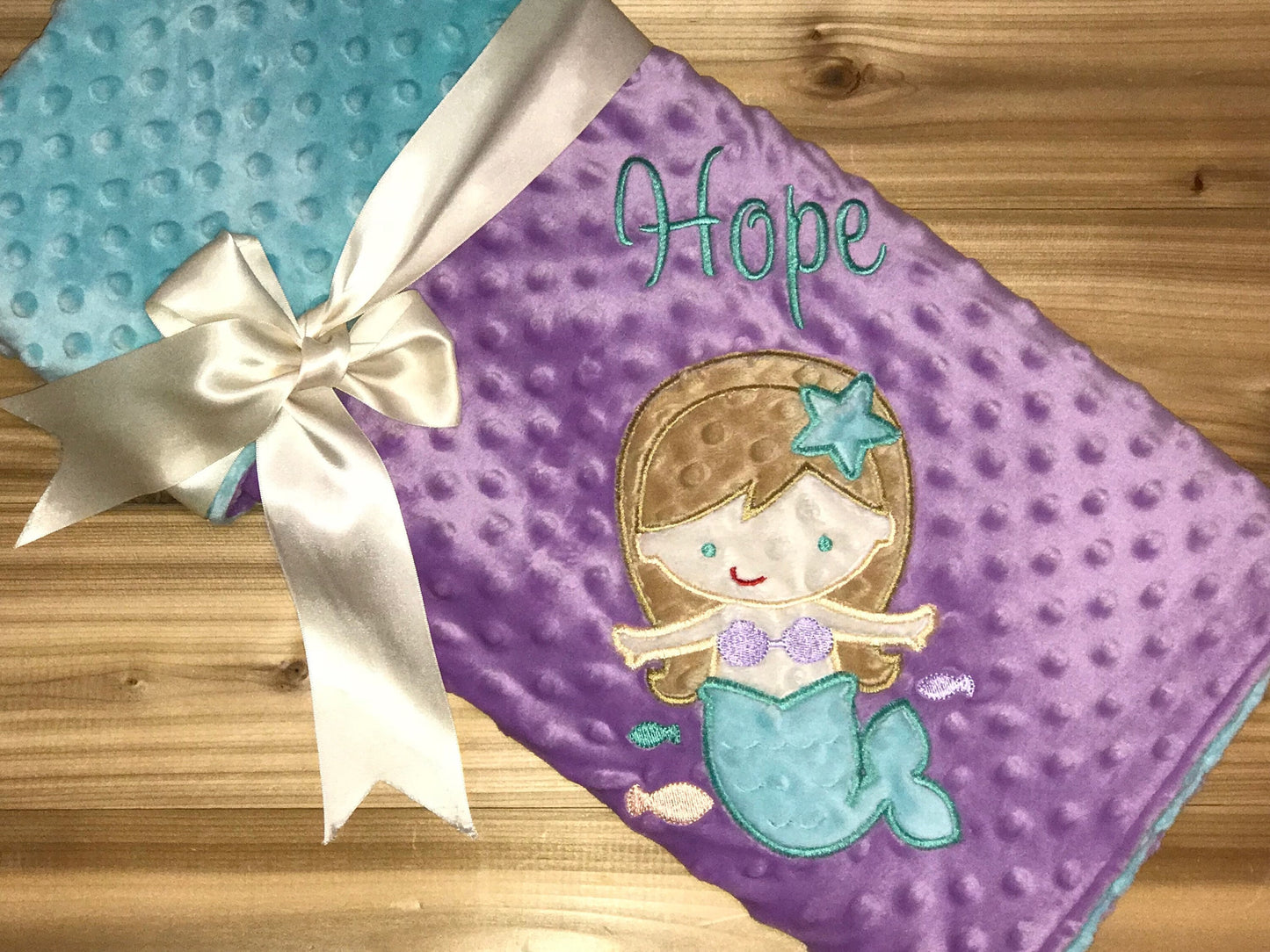 Mermaid- Personalized Minky Baby Blanket - Purple / Aqua  Minky - Embroidered Mermaid