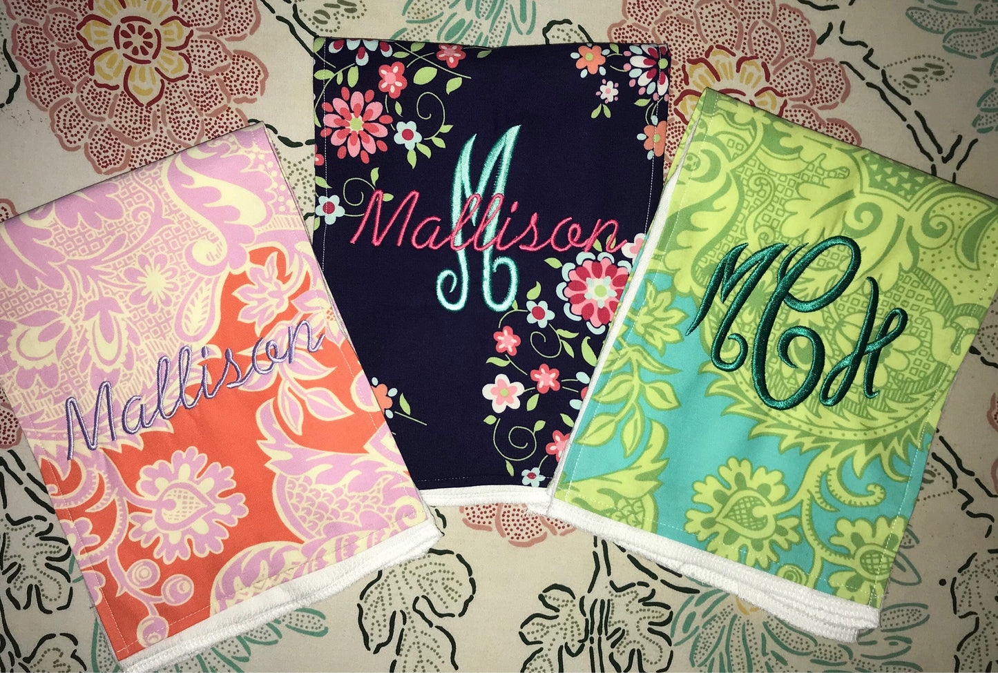 Set of 3 Personalized Burp Cloth - Amy Butler Prints - Turquoise and Tangerine Sandlewood, Midnight Love Momento