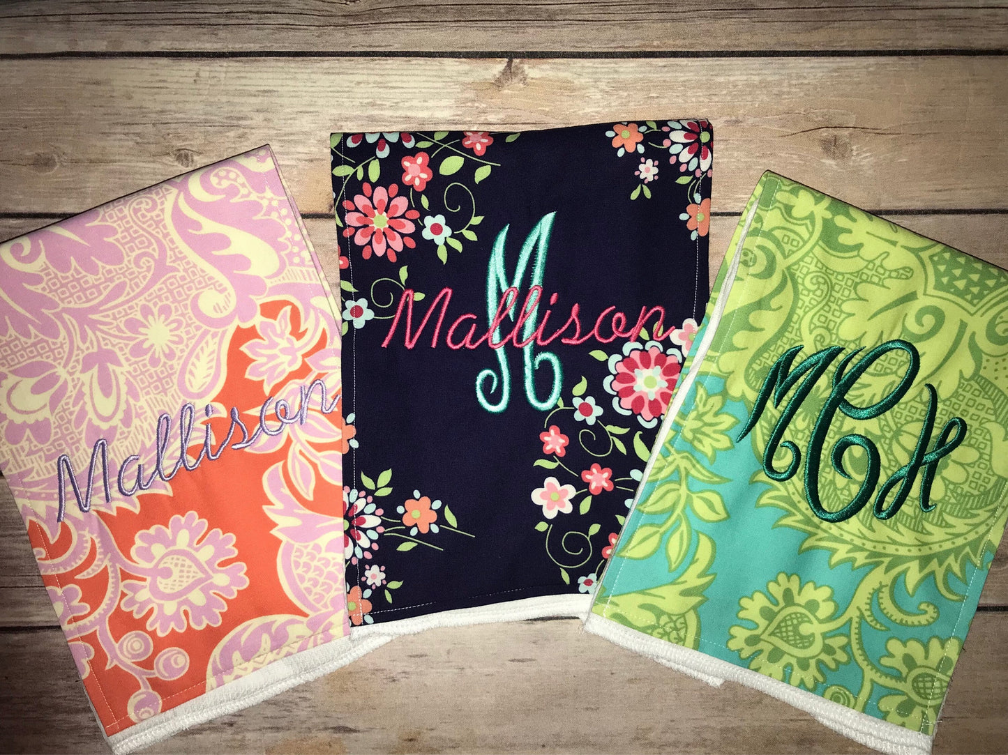 Set of 3 Personalized Burp Cloth - Amy Butler Prints - Turquoise and Tangerine Sandlewood, Midnight Love Momento