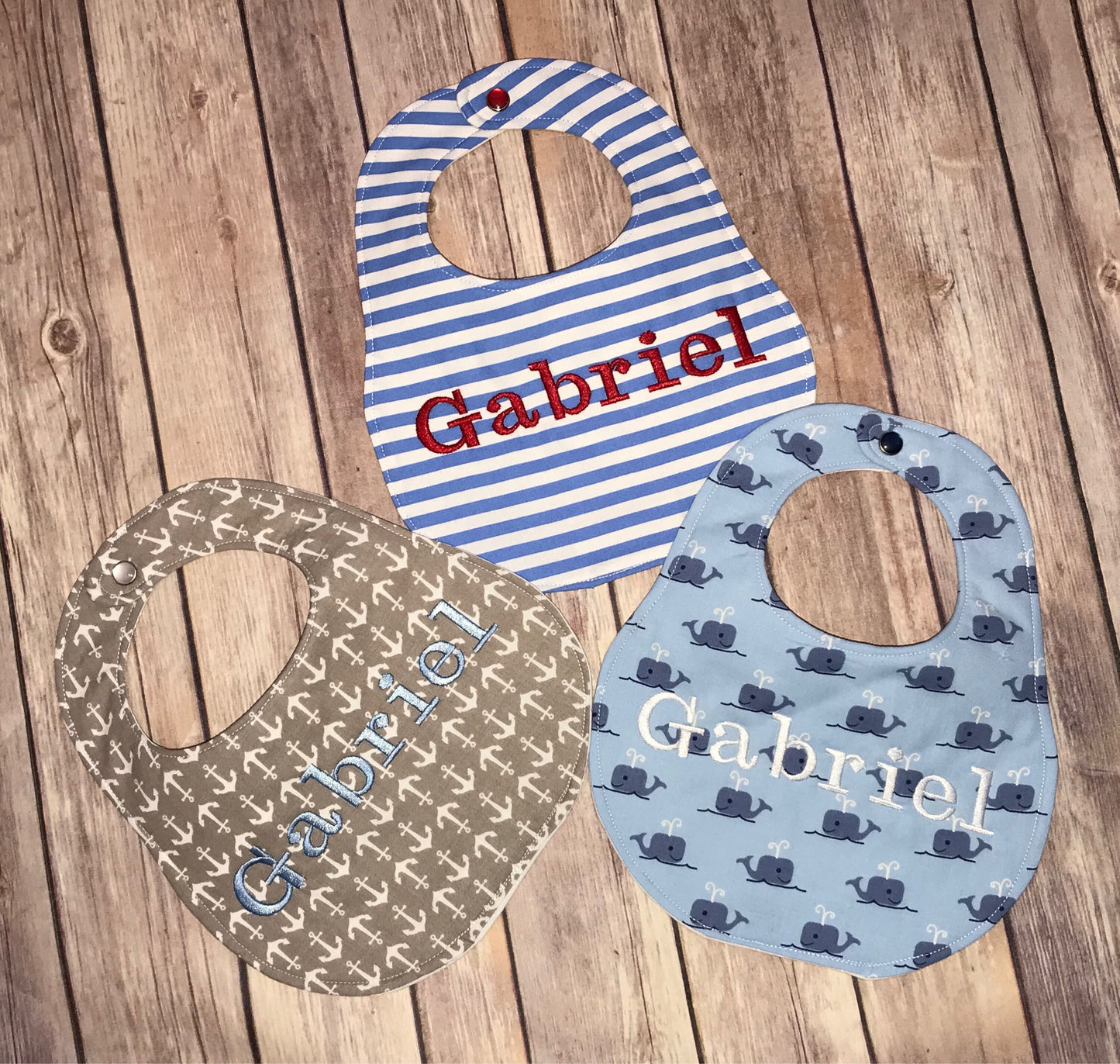 Personalized Bib Set of 3 - Nautical Prints - Stripes, Whales, Anchors